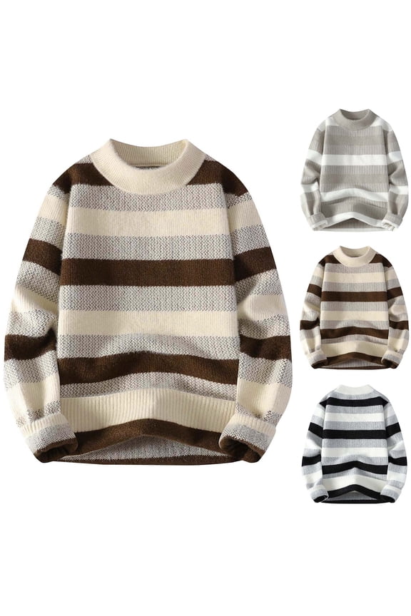 Men's Winter Casual Sweaters,Casual Sweaters for Men Men's Sweater Knitted Sweater Men Fuzzy Striped Stretchy Faux Mink Warm Loose Crew Neck Long Sleeve Sweater