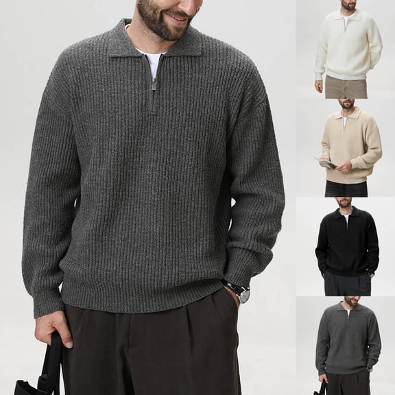 YHAJDS Men's Winter Casual Sweaters,Knitted Sweater Men Sweaters with Zippers Men's Sweater Solid Color Long Sleeve Shawl Collar Zip Up Casual Winter Sweater