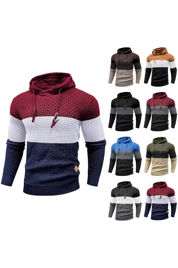 Men's Winter Casual Sweaters,Men's Pullover Sweaters Casual Sweaters for Men Knitted Sweater Men Color Block Long Sleeve Hooded Small Check Warm Winter Sweater