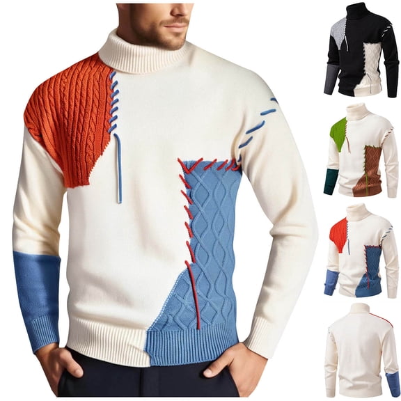 YHAJDS Men's Winter Casual Sweaters,Men's Sweater Knitted Sweater Men Color Block Elastic Turtleneck Long Sleeve Warm Knitted Base Layer for Winter