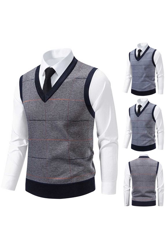 Men's Winter Casual Sweaters,Sleeveless Sweater Men Sweaters for the Winter British Style Striped Fleece Lined Stretch V Neck Knitted Pullover