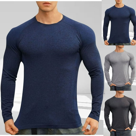 YHAJDS Men's Winter Warm Tops,Long Sleeve Tops for Men Long Sleeve Shirts for Men Solid Color Slim Breathable Stretch Sports Long Sleeve Crew Neck Top