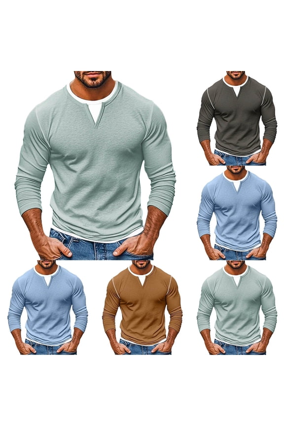 Men's Winter Warm Tops,Mens Blouse Long Sleeve Tops for Men Fake Two Piece Double Layer Fashion Paneled V Neck Long Sleeve T Shirt Base Layer