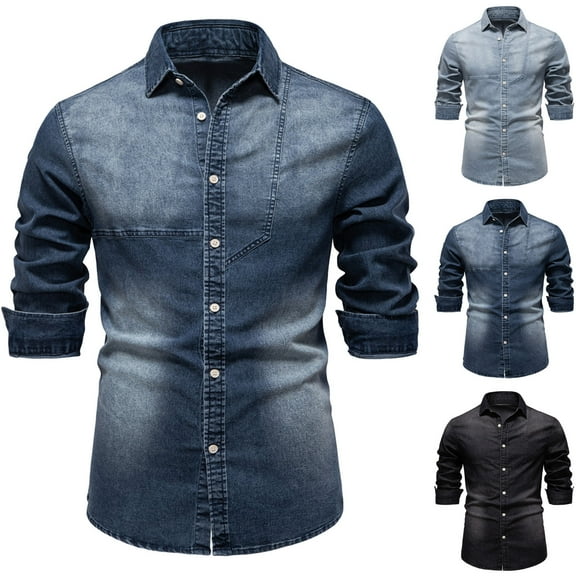YHAJDS Men's Winter Warm Tops,Mens Fashion Shirts Long Sleeve Lapel Denim Button Up Shirt Casual Loose Fashion Daily Wear Top