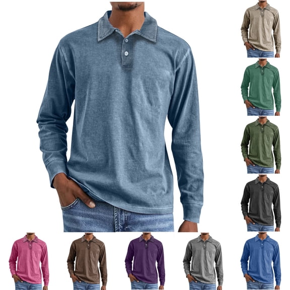 YHAJDS Men's Winter Warm Tops,Mens Fashion Shirts Long Sleeve Lapel Solid Color Button Up Shirt Vintage Washed Casual Loose Top