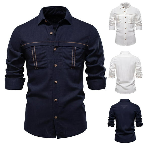 YHAJDS Men's Winter Warm Tops,Mens Fashion Shirts Long Sleeve Shirts for Men Solid Color Cargo Lapel Collar Button Down Long Sleeve Shirt with Pocket