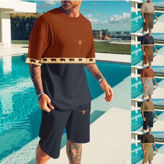 YHAJDS Mens 2 Piece Outfits Men Sets 2 Piece Outfits Mens Summer Outfits Print Short Sleeve Crew Neck Top And Drop Shoulder Elastic Waist Casual Shorts Set