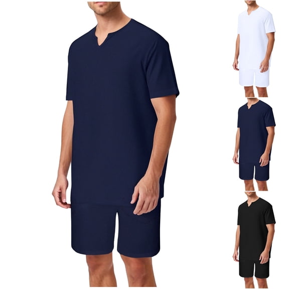 YHAJDS Mens 2 Piece Outfits Men Sets 2 Piece Outfits Solid Color Short Sleeve Crew Neck Elastic Waist Casual Fashion Summer Beach Vacation Outfit For Men