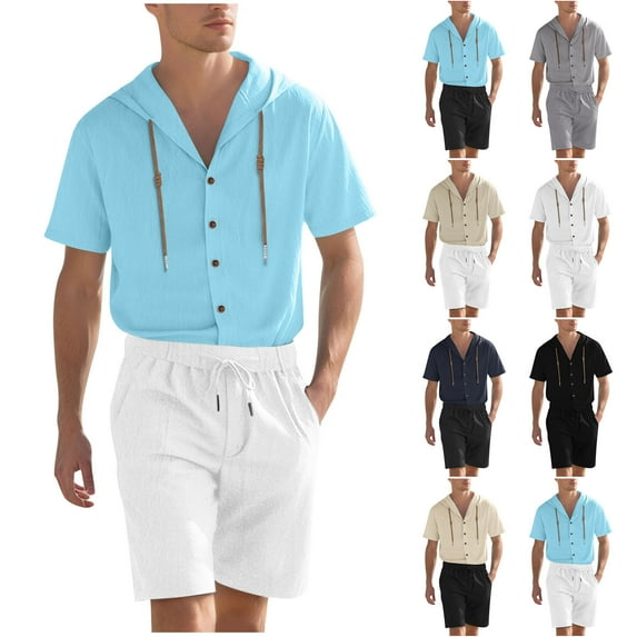 YHAJDS Mens 2 Piece Outfits Solid Color Linen Button Hooded Short Sleeve Shirt Shorts Summer Mens Beach Outfit Casual Vacation