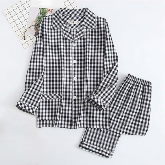 YHAJDS Mens Pajamas Set 100 Long Sleeve Lapel Plaid Shirt And Long Pants 2 Piece Sleepwear For Men