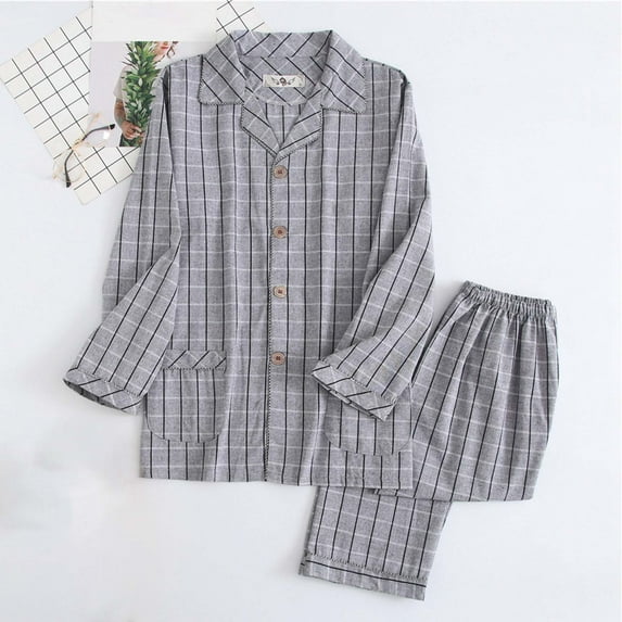 YHAJDS Mens Pajamas Set 100 Long Sleeve Lapel Plaid Shirt And Long Pants 2 Piece Sleepwear For Men