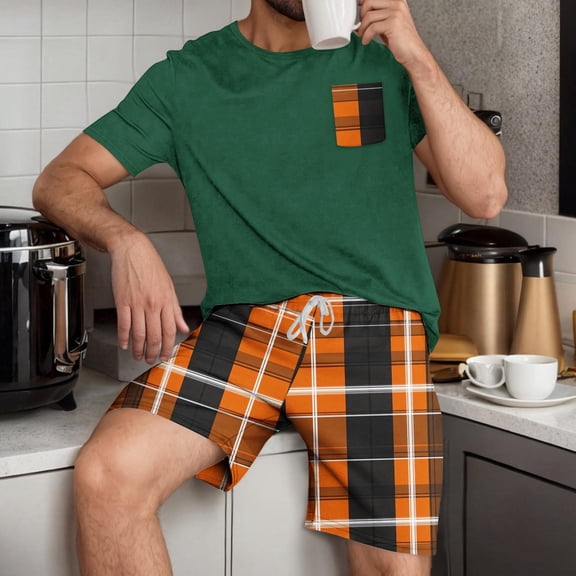 YHAJDS Mens Pajamas Set Mens Summer Outfits 2 Piece Plaid Print Short Sleeve Crew Neck T Shirt And Shorts Set For Home Wear