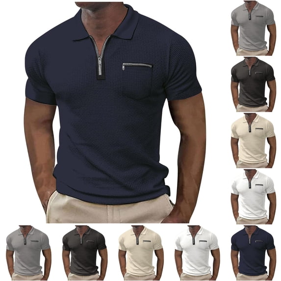 YHAJDS Mens Polo Shirts Short Sleeve Zip Up Pocket Solid Color Athletic Top