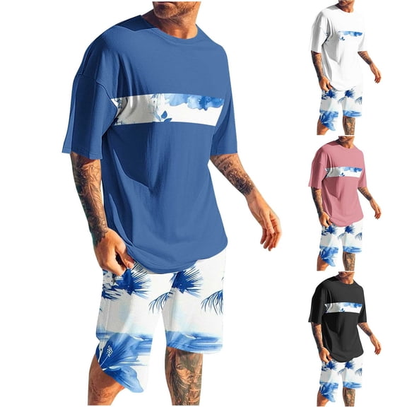 YHAJDS Mens Summer Outfits Men Shorts Set 2 Piece Hawaiian Print Short Sleeve Crew Neck Top And Elastic Waist Sports Shorts Casual Loose Set