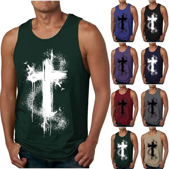 YHAJDS Men's Religious Cross Tank Top Crew Neck Sleeveless Athletic Gym Summer Training Tee