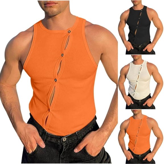 YHAJDS Mens Tank Tops Summer Casual T-shirt,Mens Tank Top Summer Solid Color Crew Neck Sleeveless Tank with Button Casual Daily Wear