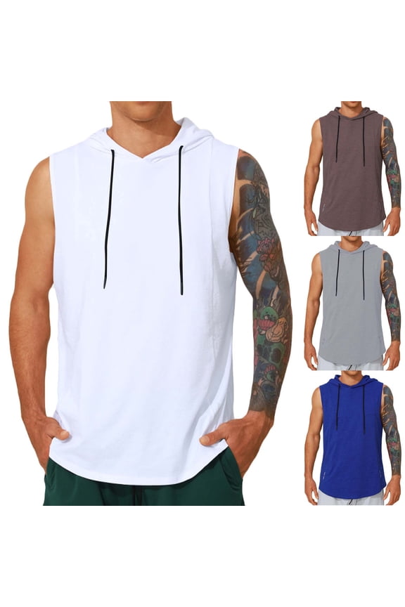 Men's Hooded Training Top Solid Color Quick Dry Drawstring Sleeveless Athletic Gym Shirt