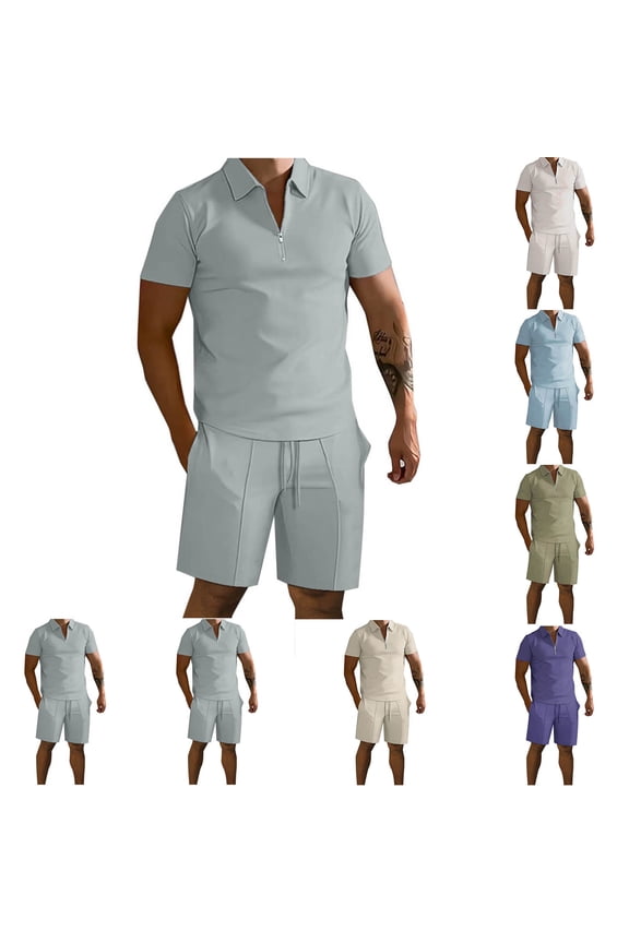 Mens Track Suit 2 Piece Solid Mandarin Collar Zip Polo Shirt with Shorts and Joggers