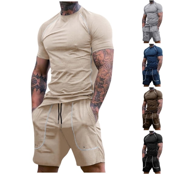 YHAJDS Mens Workout Set Short Sleeve Compression Top with Shorts for Running Gym Summer