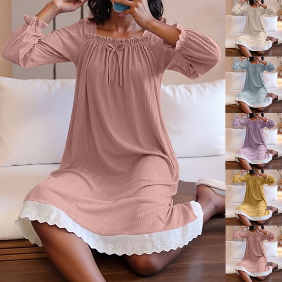 YHAJDS Nightgowns For Women Long Sleeve Silk Ribbed Neck Lace Sleep Gown