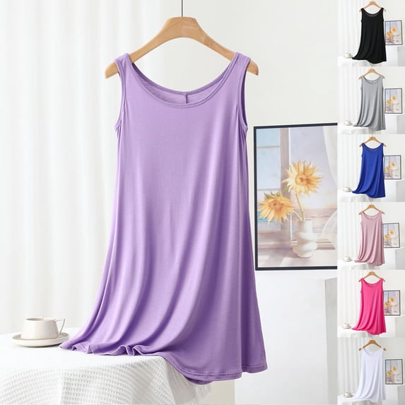 YHAJDS Nightgowns for Women Solid Color Round Neck Sleeveless Long Sleep Dress Casual Home Wear