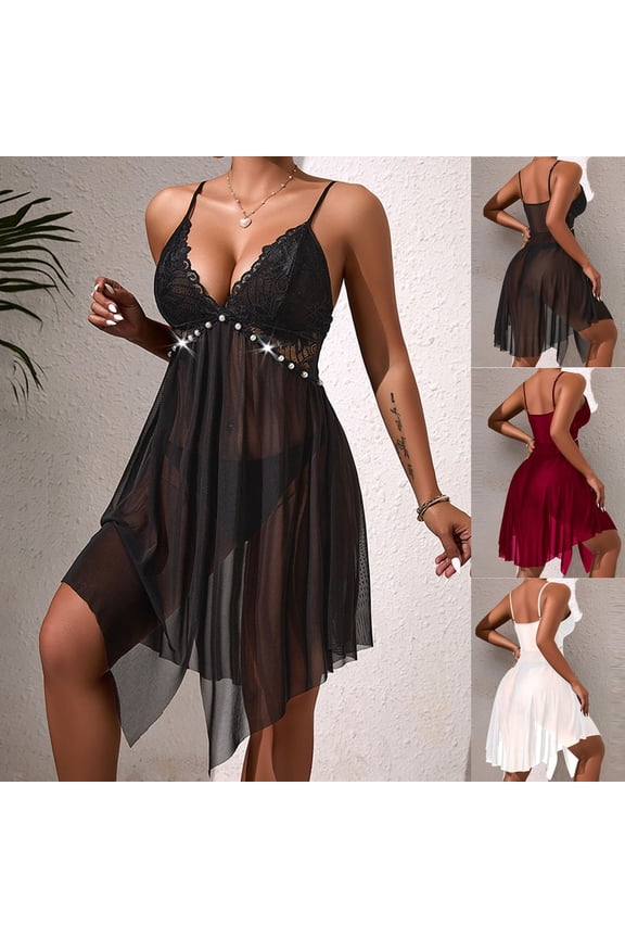 Nightgowns for Women Solid Color V Neck Lace Mesh Open Back High Slit Sleeveless Sleep Dress