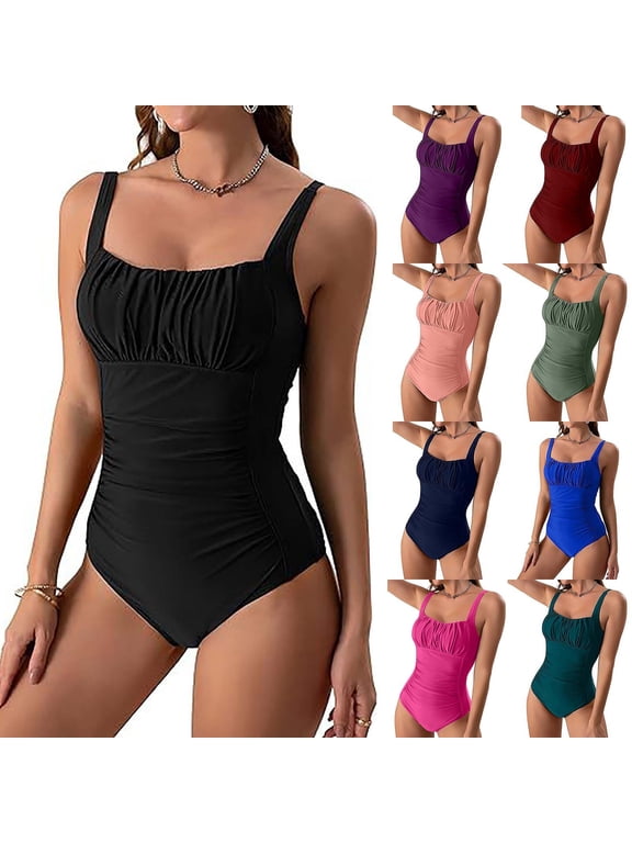 One Piece Bathing suit for Women Solid Color Low Cut Back Adjustable Strap Swimsuit