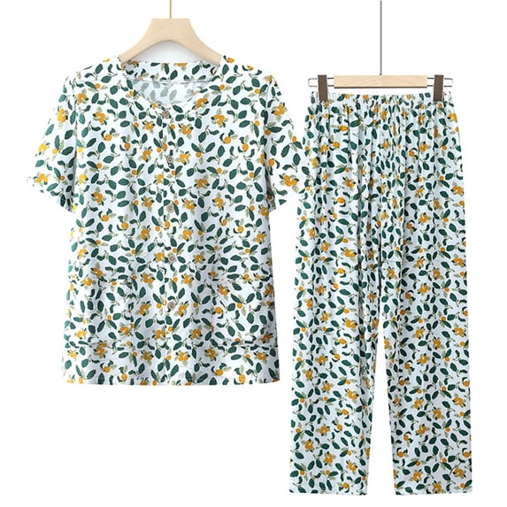 YHAJDS Pajama Set for Women 2 Piece Printed Short Sleeve Round Neck Shirt and Comfortable Lounge Pants