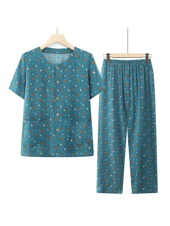 Pajama Set for Women 2 Piece Printed Short Sleeve Round Neck Shirt and Comfortable Lounge Pants