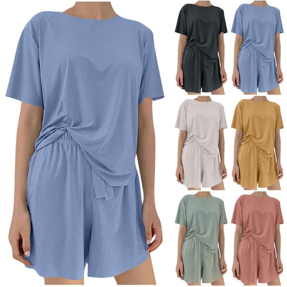YHAJDS Pajama Set for Women 2 Piece Round Neck Short Sleeve Top and Drawstring Waist Shorts Sleepwear