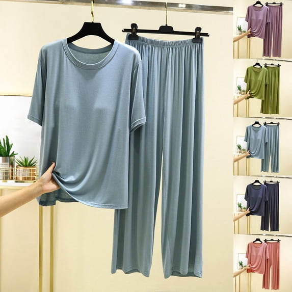 YHAJDS Pajama Set for Women 2 Piece Short Sleeve Solid Crewneck Top with Built In Bra Lounge Pants