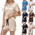 thumbnail image 1 of YHAJDS Pajama Set for Women 2 Piece Short Sleeve V Neck Solid Rayon Relaxed Top Pants, 1 of 4