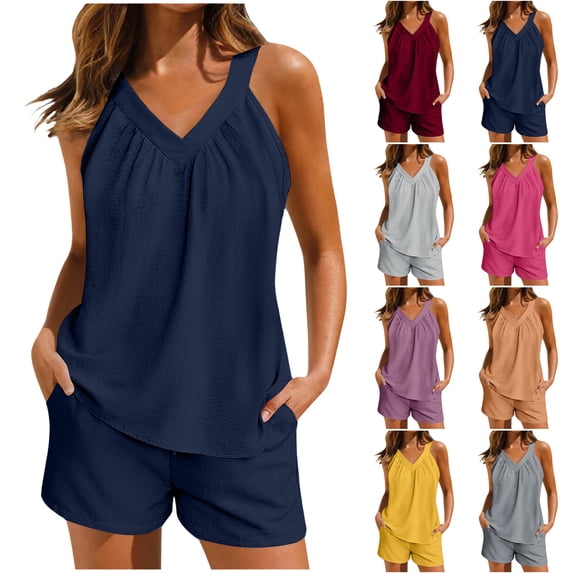 YHAJDS Pajama Set for Women 2 Piece Sleeveless V Neck Solid Relaxed Tank Top Elastic Waist Shorts