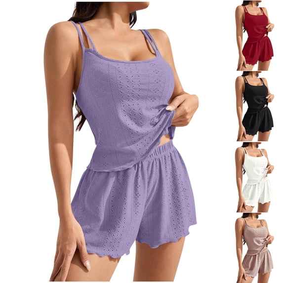 YHAJDS Pajama Set for Women 2 Piece Solid Color Ribbed Sleeveless Tank and Lounge Shorts Sleepwear
