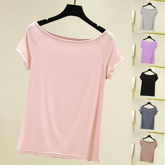 YHAJDS Pajama Tops for Women Solid Color Neck Short Sleeve Stretch T Shirt Sleepwear