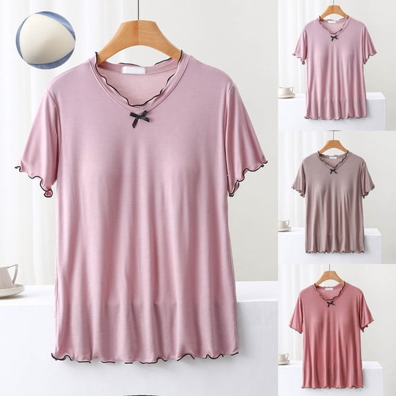 YHAJDS Pajama Tops for Women Solid Color Short Sleeve Bow Built In Bra Summer Sleepshirt