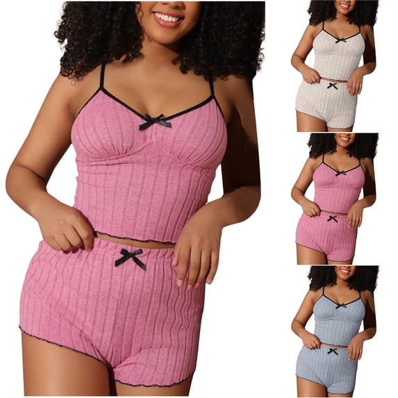 YHAJDS Pajamas for Women Solid Color Ribbed Camisole and Shorts 2 Piece Sleepwear Set