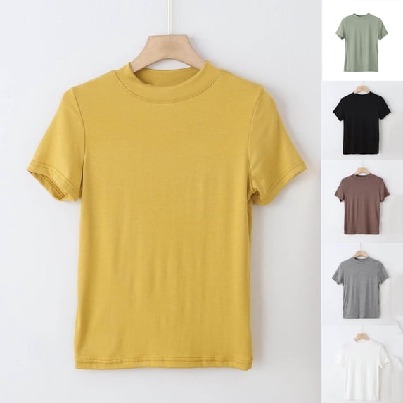 YHAJDS Plain Tshirts for Women 3/4 Sleeve Round Neck Solid Color Basic Tee Inner Wear
