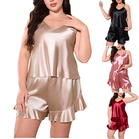 YHAJDS Plus Size Pajama Set Solid Color Sleeveless Back Detail Camisole and Satin Feel Stretch Shorts