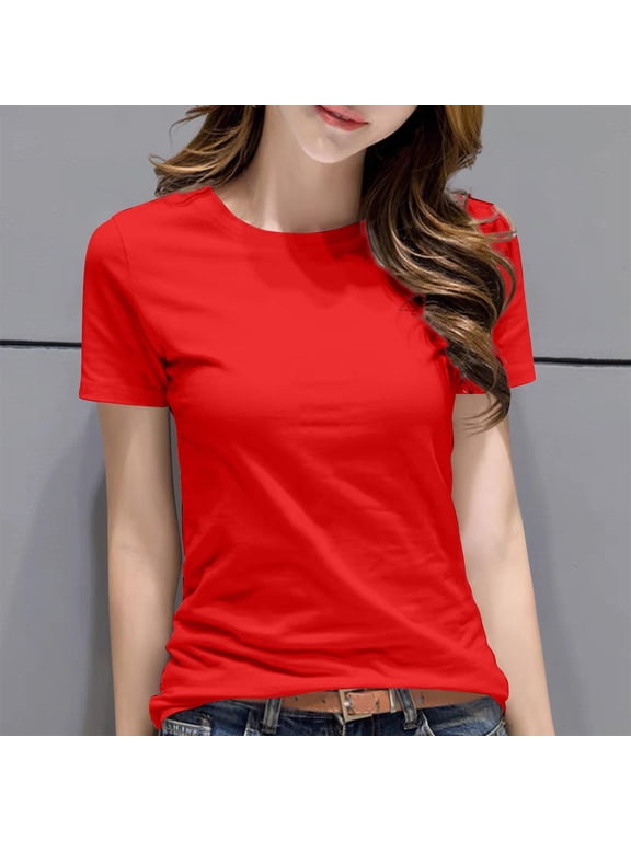 Plus Size Tops for Women Short Sleeve Round Neck Structured Shoulder Solid Color Tee