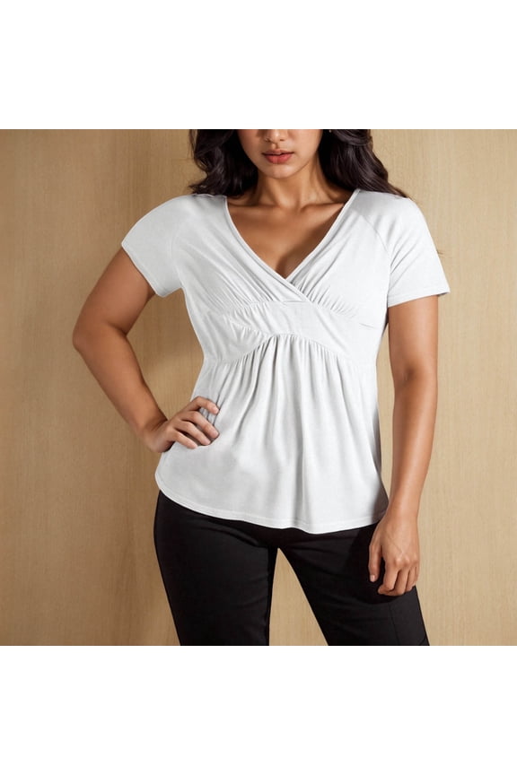 Plus Size Tops for Women Short Sleeve V Neck Raglan Solid Color Ruffle Detail T Shirt