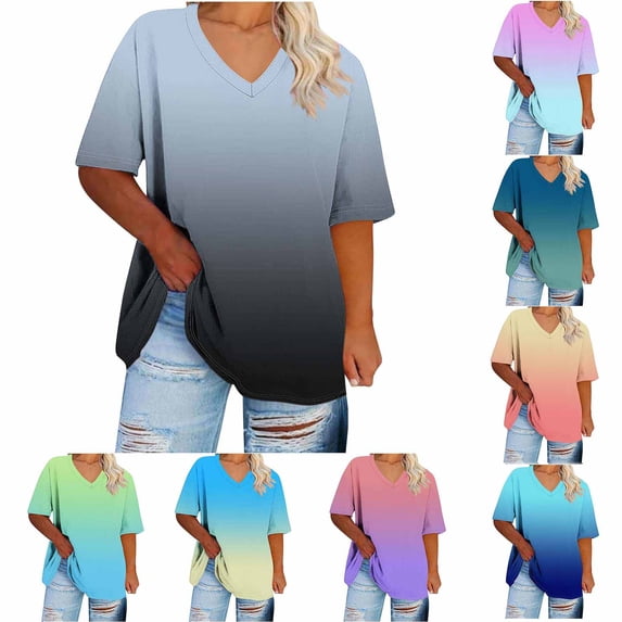YHAJDS Plus Size Tops for Women V Neck Short Sleeve Tee Gradient Color Casual Summer Shirt