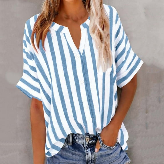 YHAJDS Polo Shirts for Women Fashion Short Sleeve V Neck Cotton Linen Like Stripe Casual Button Pocket Open Front Shirt