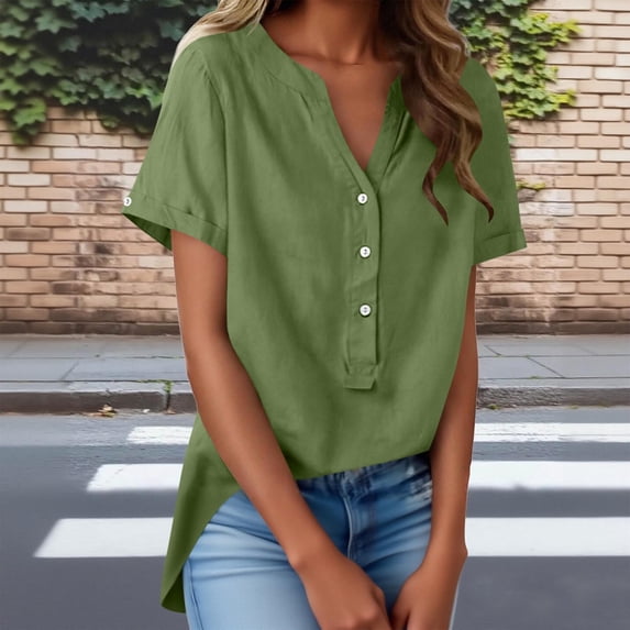 YHAJDS Polo Shirts for Women Top for Women Short Sleeve Shirt V Neck Solid Color Button Placket Cotton Linen Tee