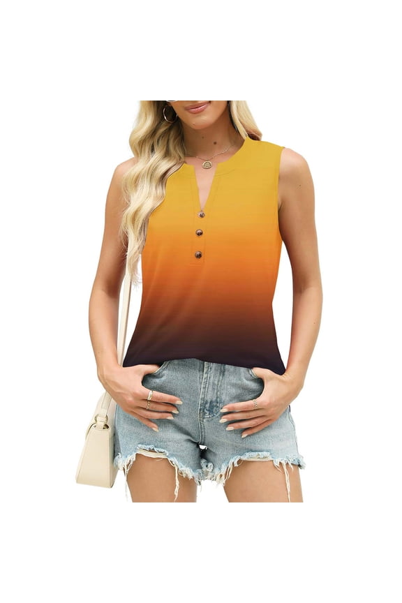 Polo Shirts for Women Tunic Summer Tops for Women Sleeveless V Neck Ombre Print Snap Button Pullover Blouse