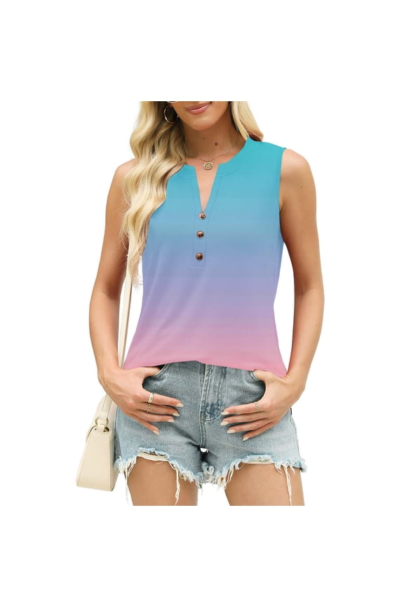 Polo Shirts for Women Tunic Summer Tops for Women Sleeveless V Neck Ombre Print Snap Button Pullover Blouse