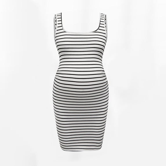 YHAJDS Pregnancy Dress Black White Sleeveless Bodycon Waist Defining Pencil Maternity Gown