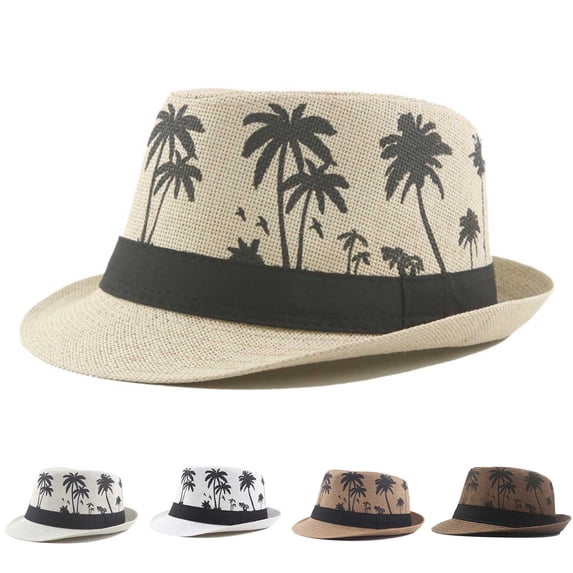YHAJDS Print Jazz Fedora Hat for Unisex Rolled Brim Straw Beach Cap Summer Sun Protection