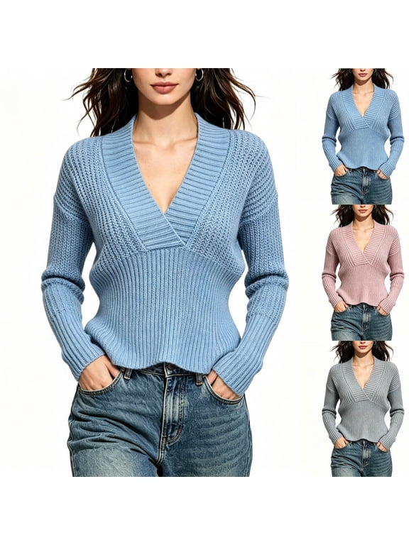 Pullover Sweaters for Women Cropped V Neck Waist Defined Long Sleeve Casual Knit Tops Fall Outfits