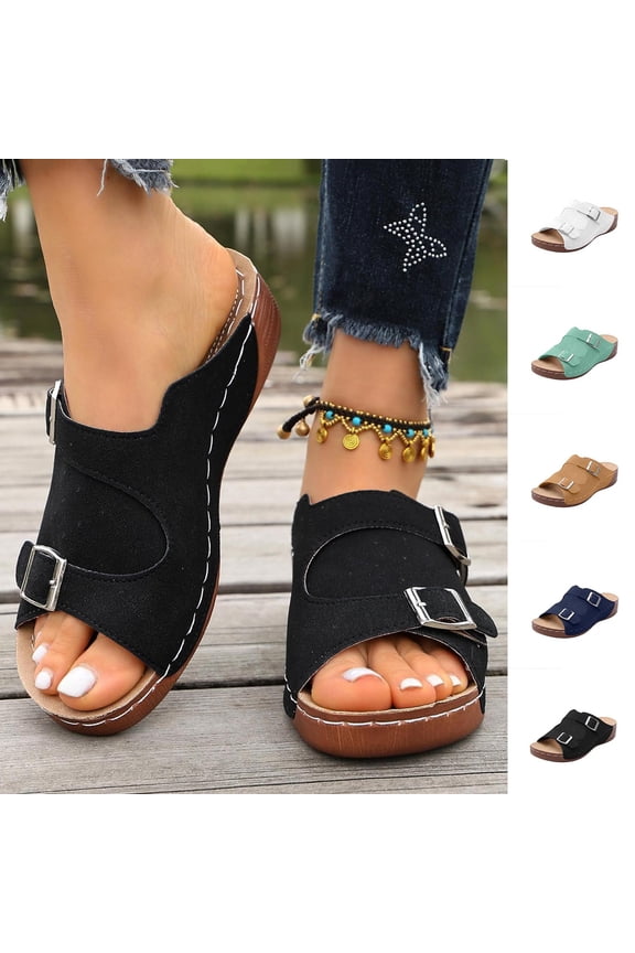 Sandals for Women Solid Color Wedge Slip On Open Toe Summer Heeled Mules for Beach Pool